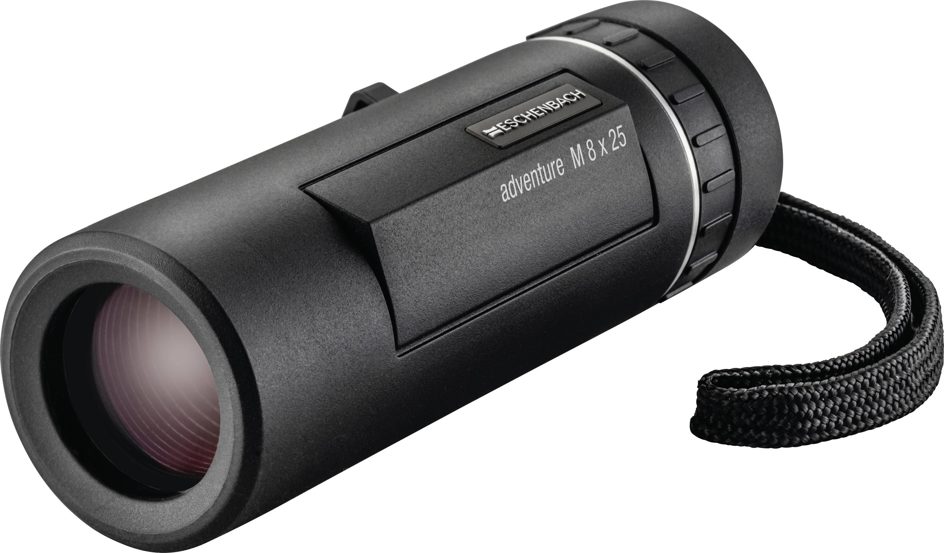 Černý ruční monokulární dalekohled s páskem na zápěstí, označený „adventure M 8 x 25", zobrazený na bílém pozadí.
