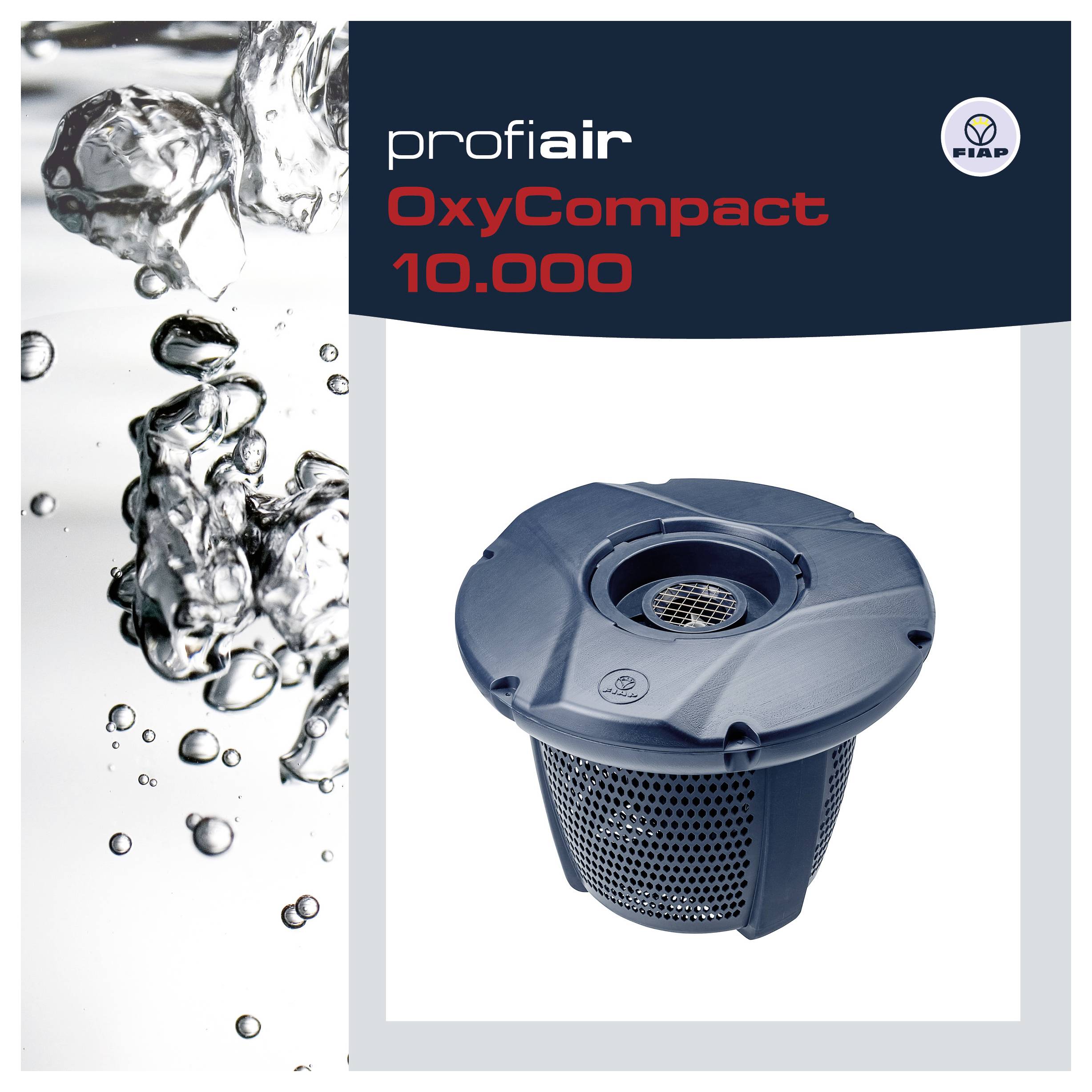 Produktový obrázek jednotky větrání 'profi air OxyCompact 10.000', zobrazený se stříkem vody a zařízením umístěným uprostřed bílého panelu.