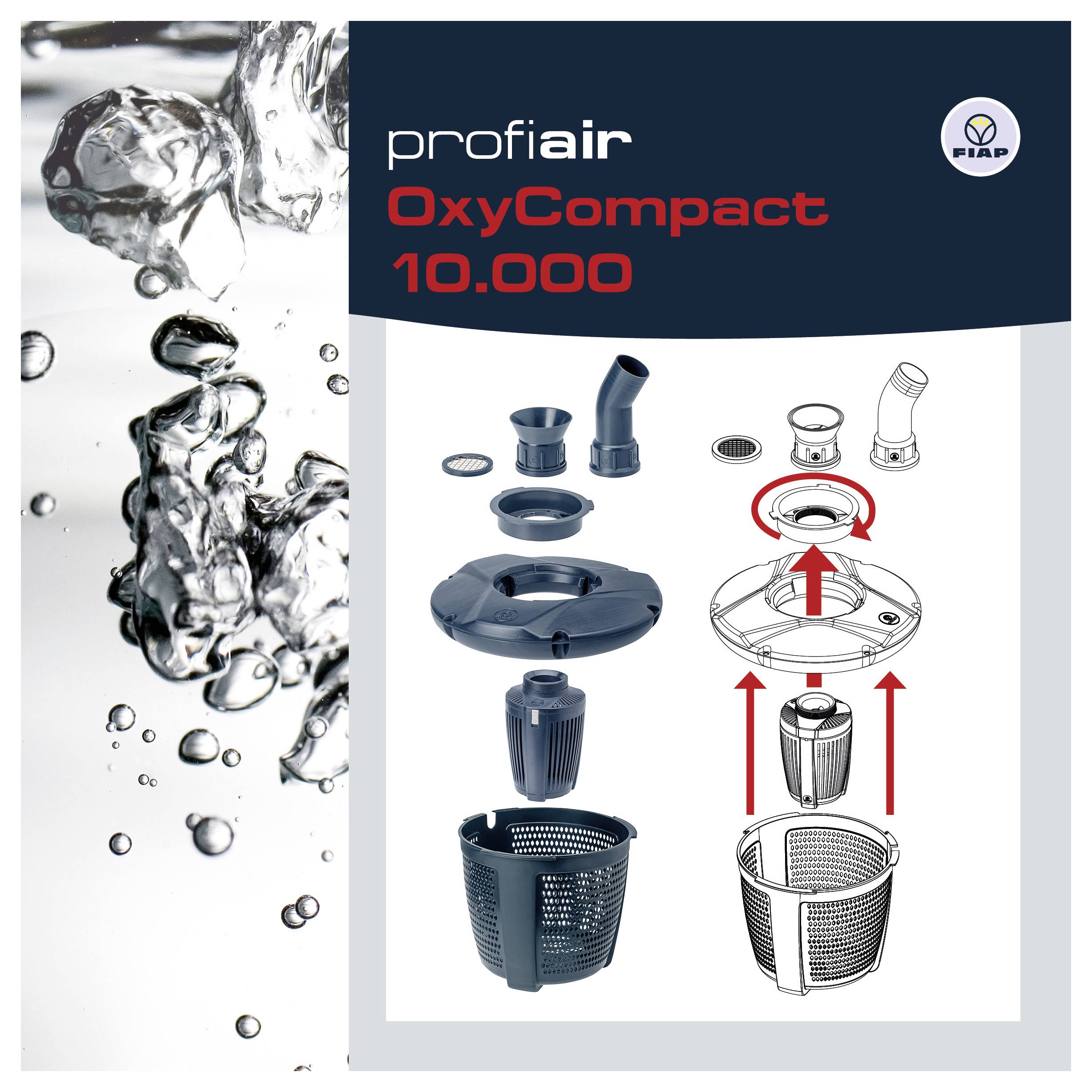 ProfiAir OxyCompact 10 000 produktní plakát zobrazující systém vzduchového čerpadla a součásti filtru se složením a rozloženými pohledy a červenými šipkami ukazujícími pořadí instalace.