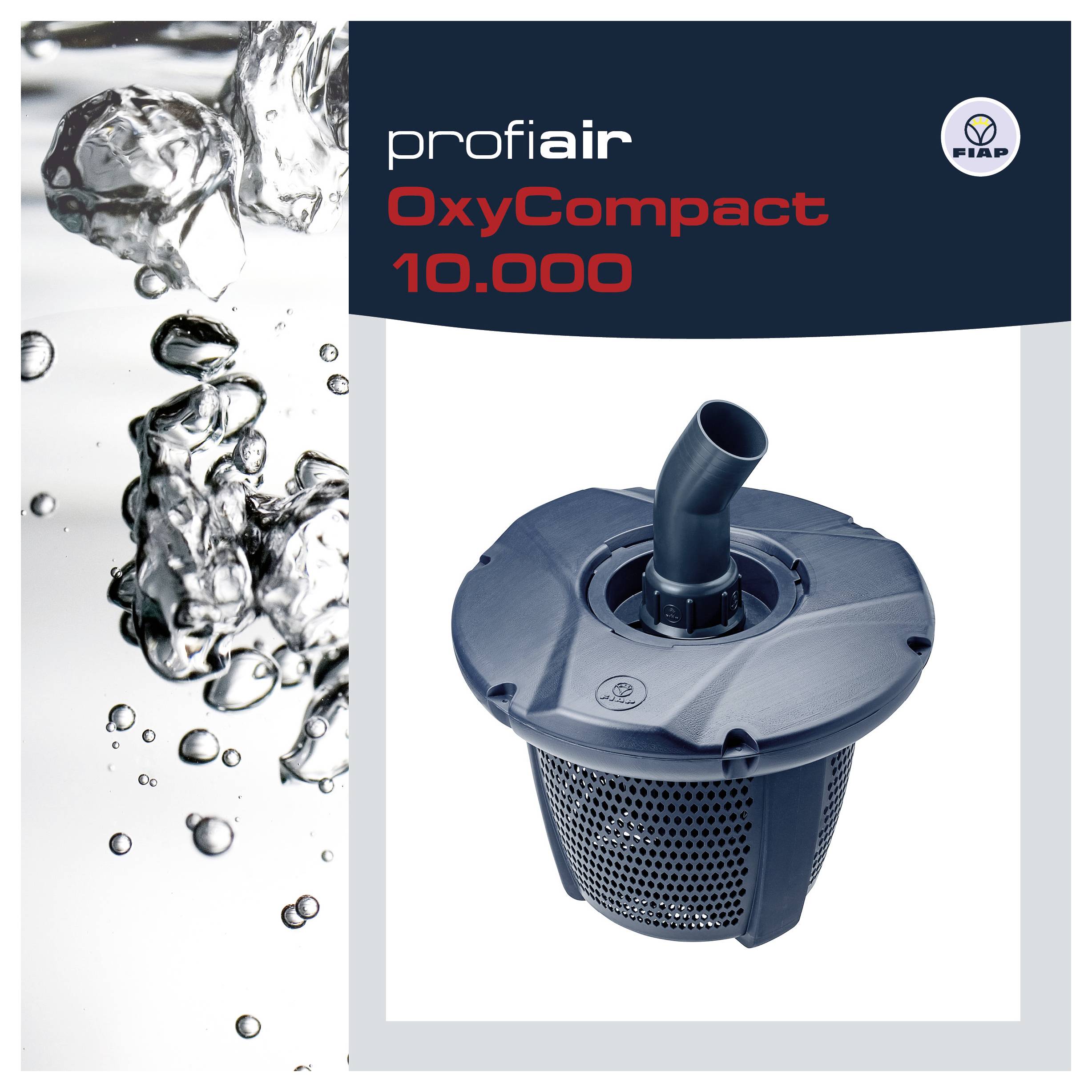 Propagační obrázek zařízení pro oxygenaci vody profiair OxyCompact 10.000, zobrazující produkt na bílém pozadí s postřiky vody.