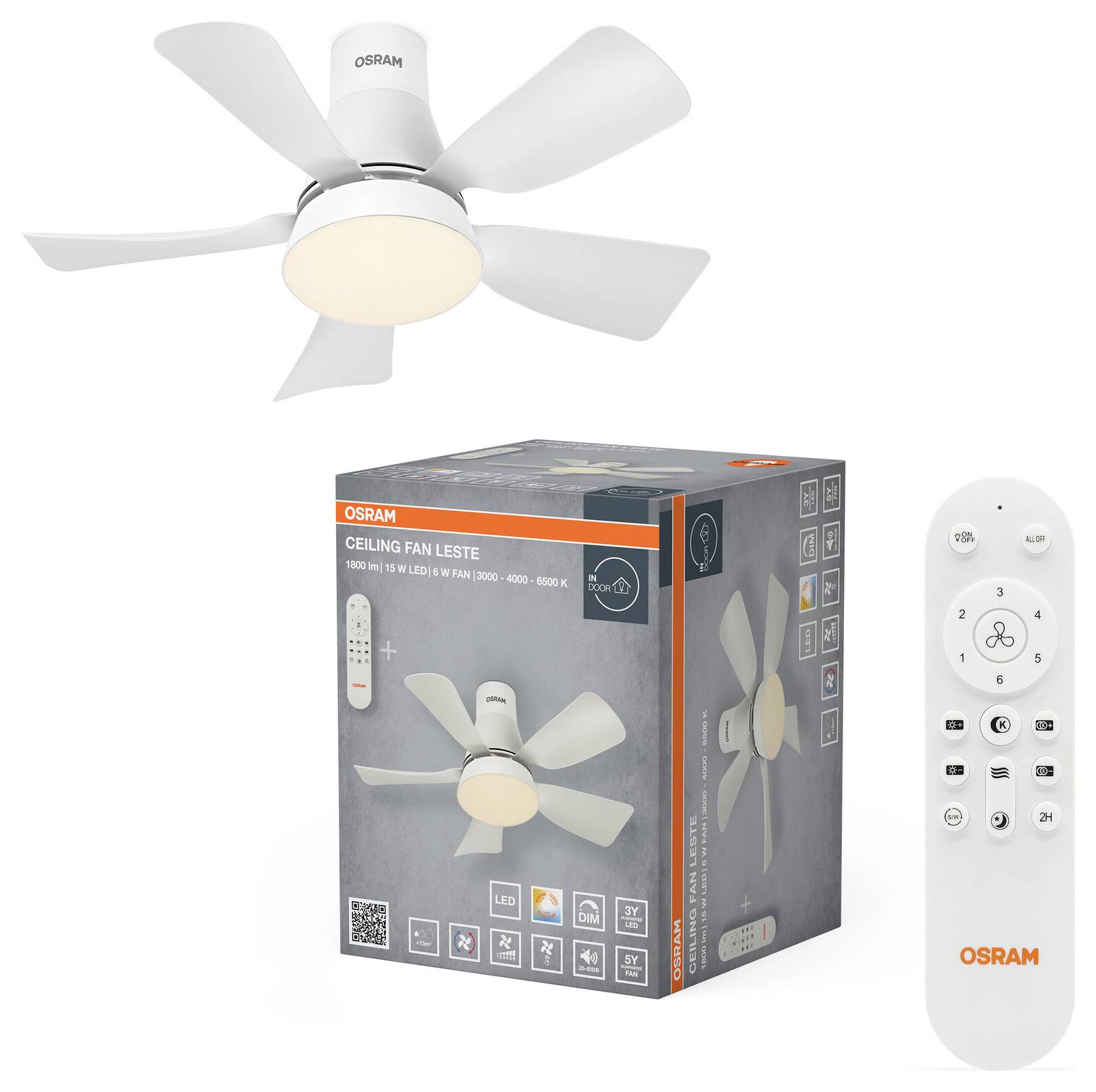 Stropní ventilátor OSRAM s bílým tělesem a integrovaným osvětlením, zobrazen nad jeho obchodní krabicí a dálkovým ovladačem.