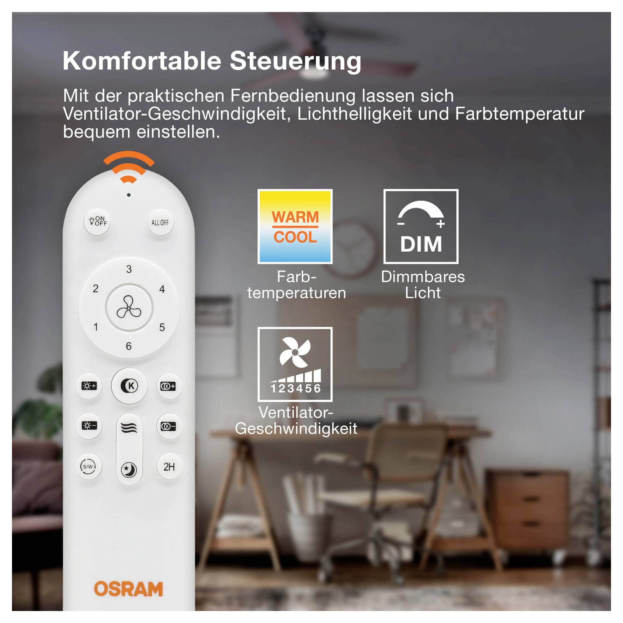 Dálkový ovladač ventilátoru OSRAM s německým textem, zobrazující nastavitelnou rychlost ventilátoru, stmívání osvětlení a nastavení teploty barvy "TEPLÁ"/"CHLADNÁ".