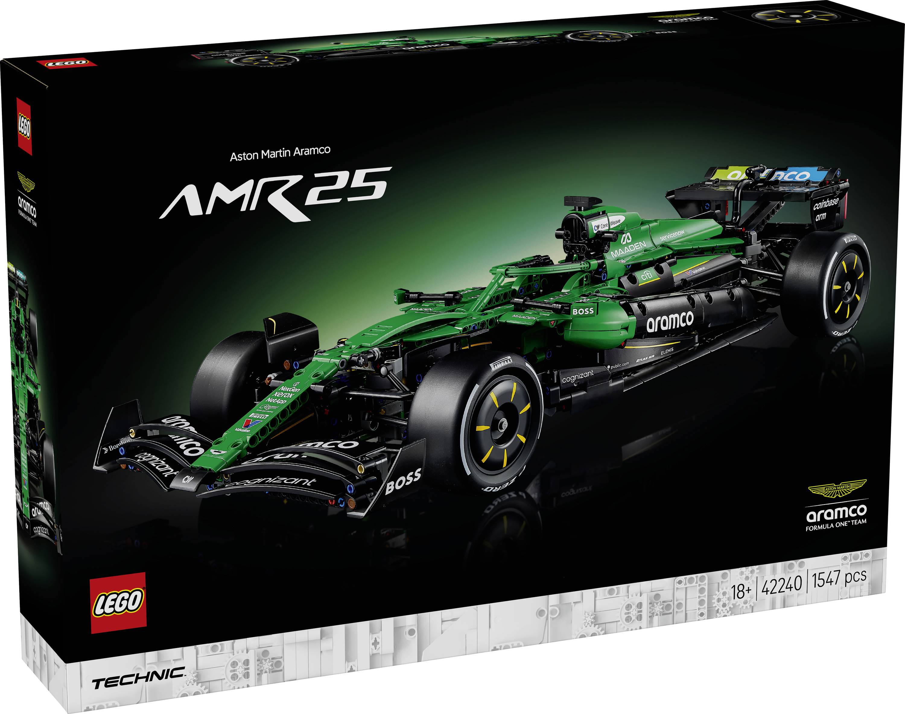 Krabice sady LEGO Technic Aston Martin Aramco AMR25 Formule 1, zobrazující zeleného a černého závodního vozu na černém pozadí, 18+ a 1547 dílků.