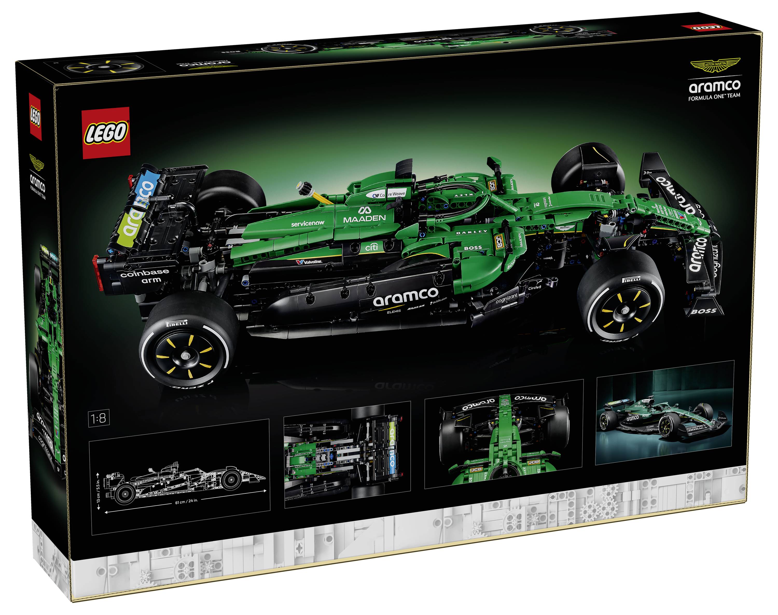 Krabice LEGO Technic zobrazující zeleno-černý model závodního vozu Aston Martin Aramco Formula 1, s logy LEGO a Aramco na balení.