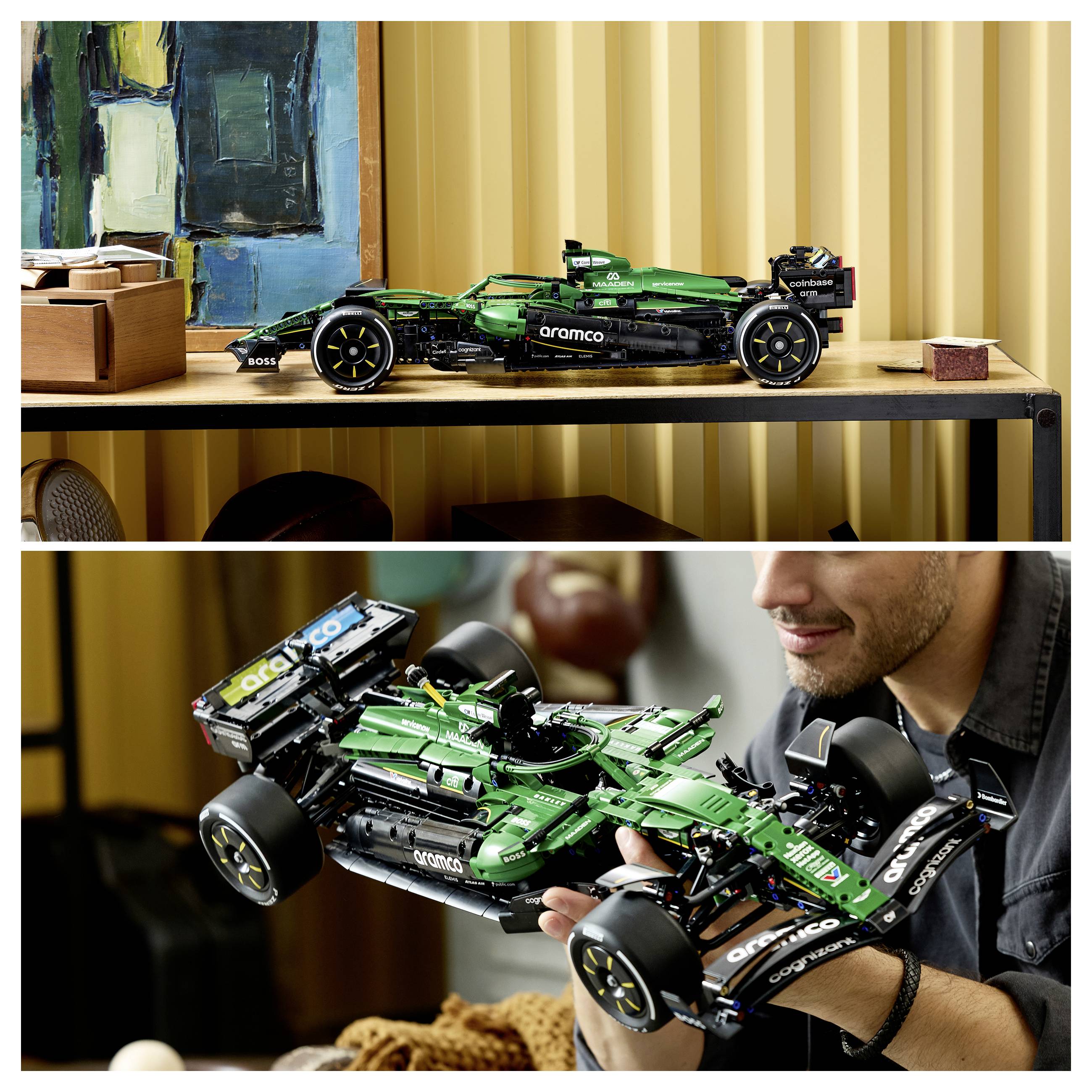 Zelený model formule 1 na polici, poté muž, který drží a obdivuje stejný detailní model autem v interiéru.