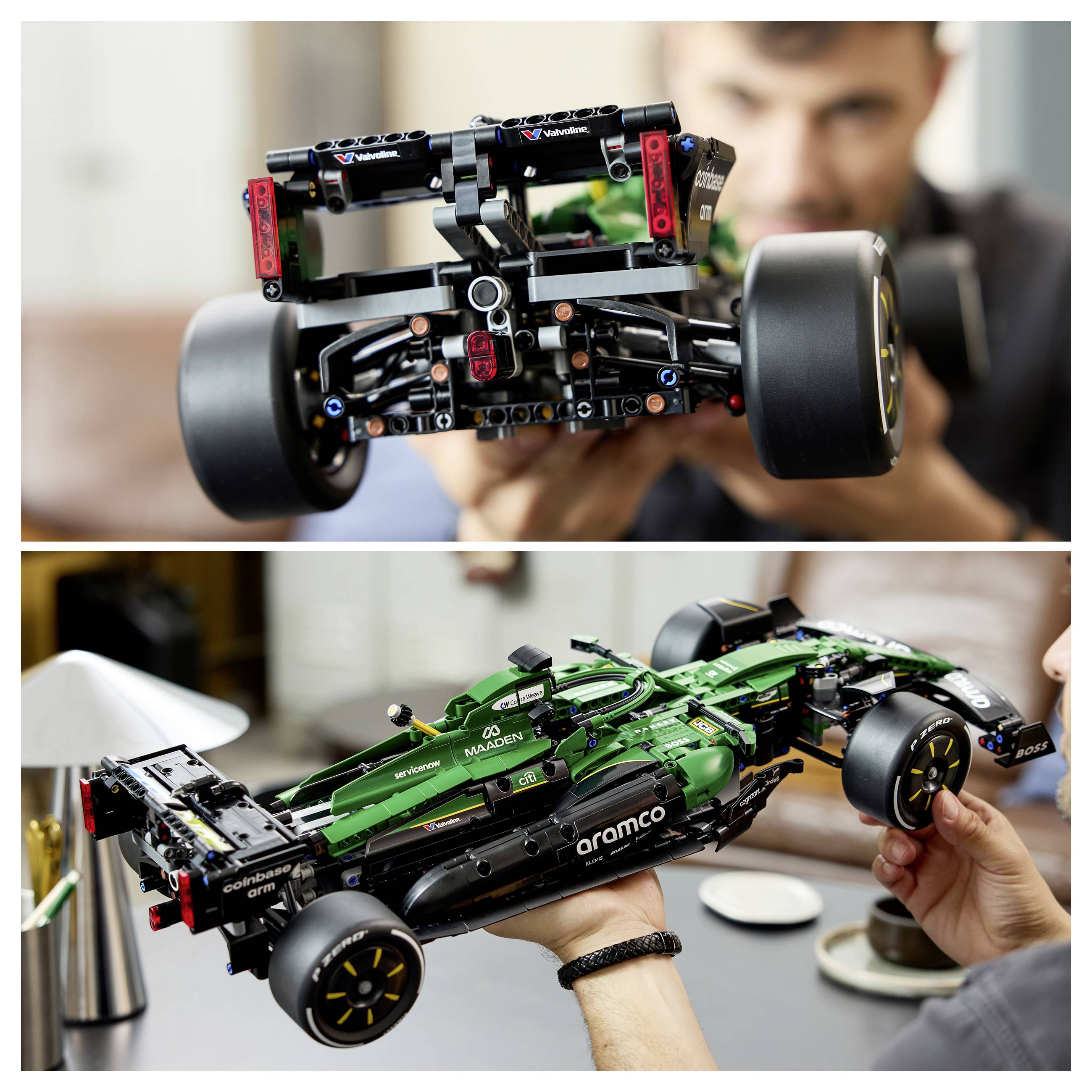 Dva snímky zblízka zeleno-černého modelu závodního vozu Formule 1 ve stylu LEGO, který někdo drží a předvádí v rukou.