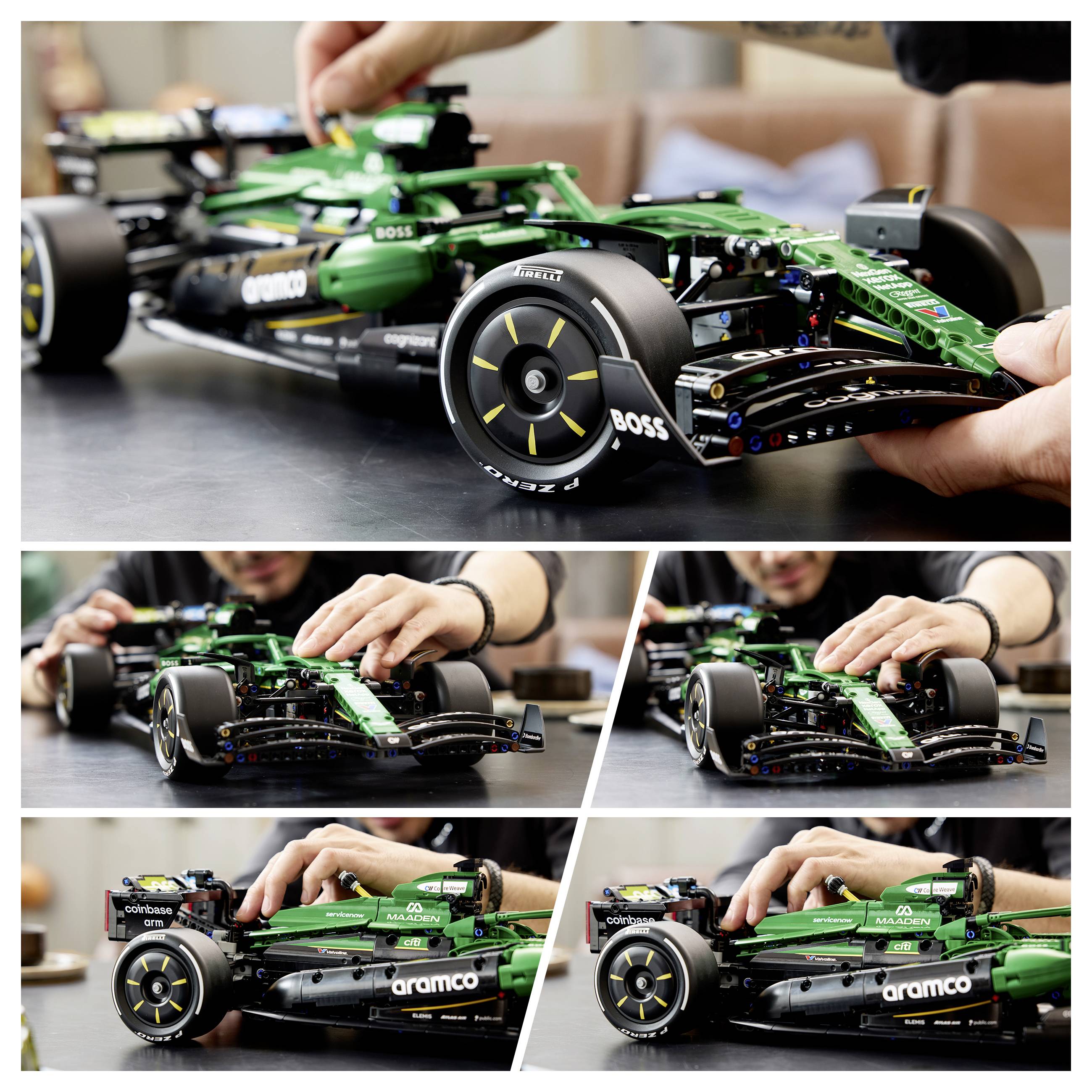 Ruce skládající zelený model závodního vozu LEGO Formule 1, zobrazeno v několika detailních záběrech na pracovní ploše.