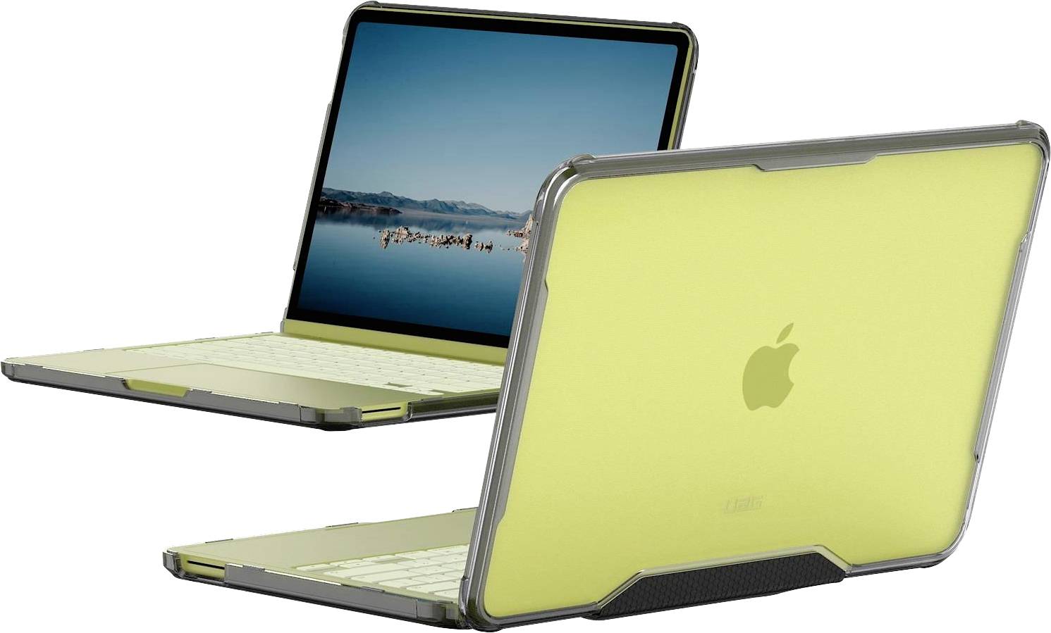 Dva notebooky MacBook v limetkovězeleném ochranném pouzdru, jeden otevřený se zobrazením krajinné tapety a jeden zavřený v popředí.
