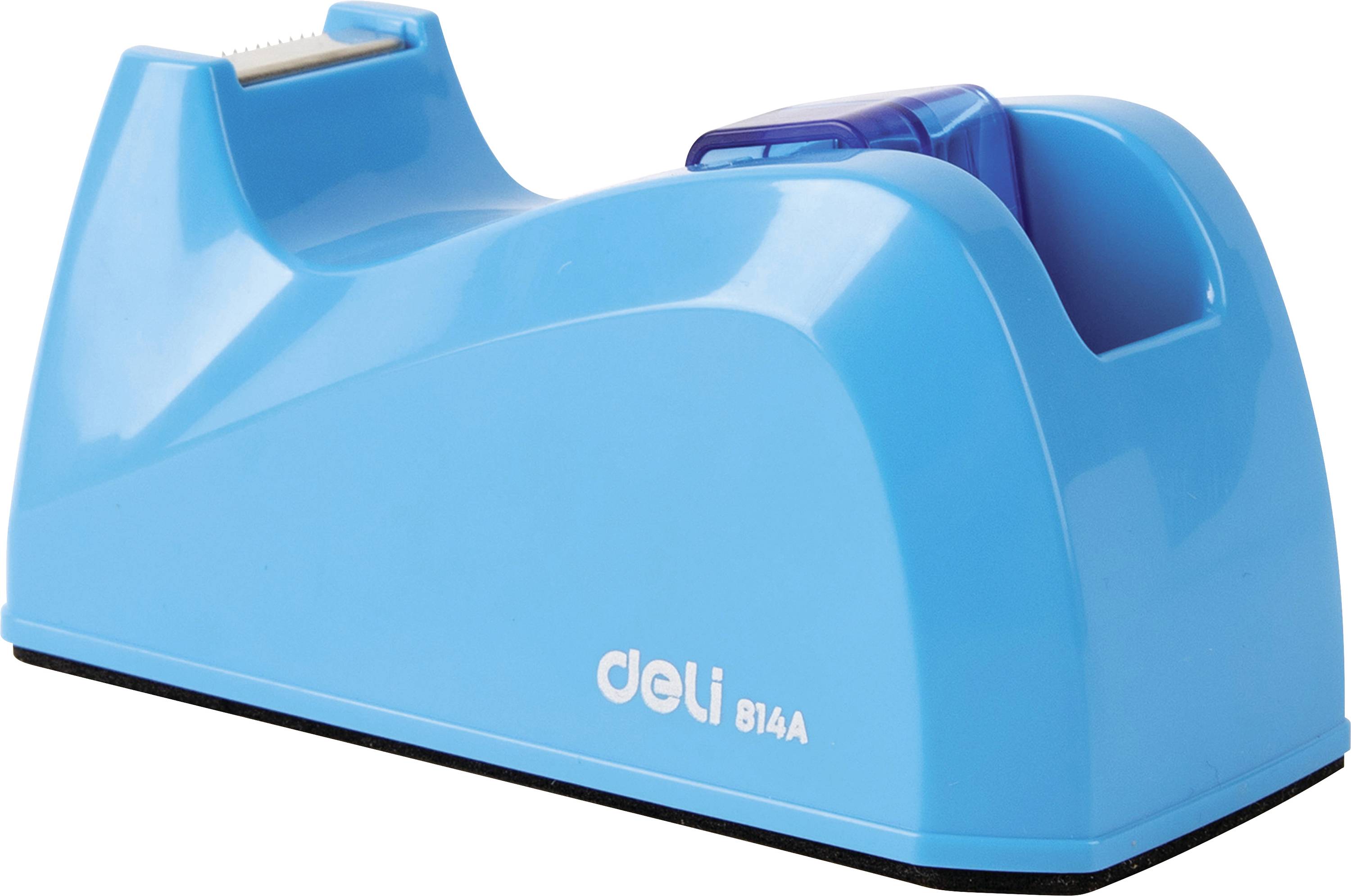 Dispenser pásky Blue deli 814A na bílém pozadí s horním řezacím ostřím a bočním otevřením cívky.
