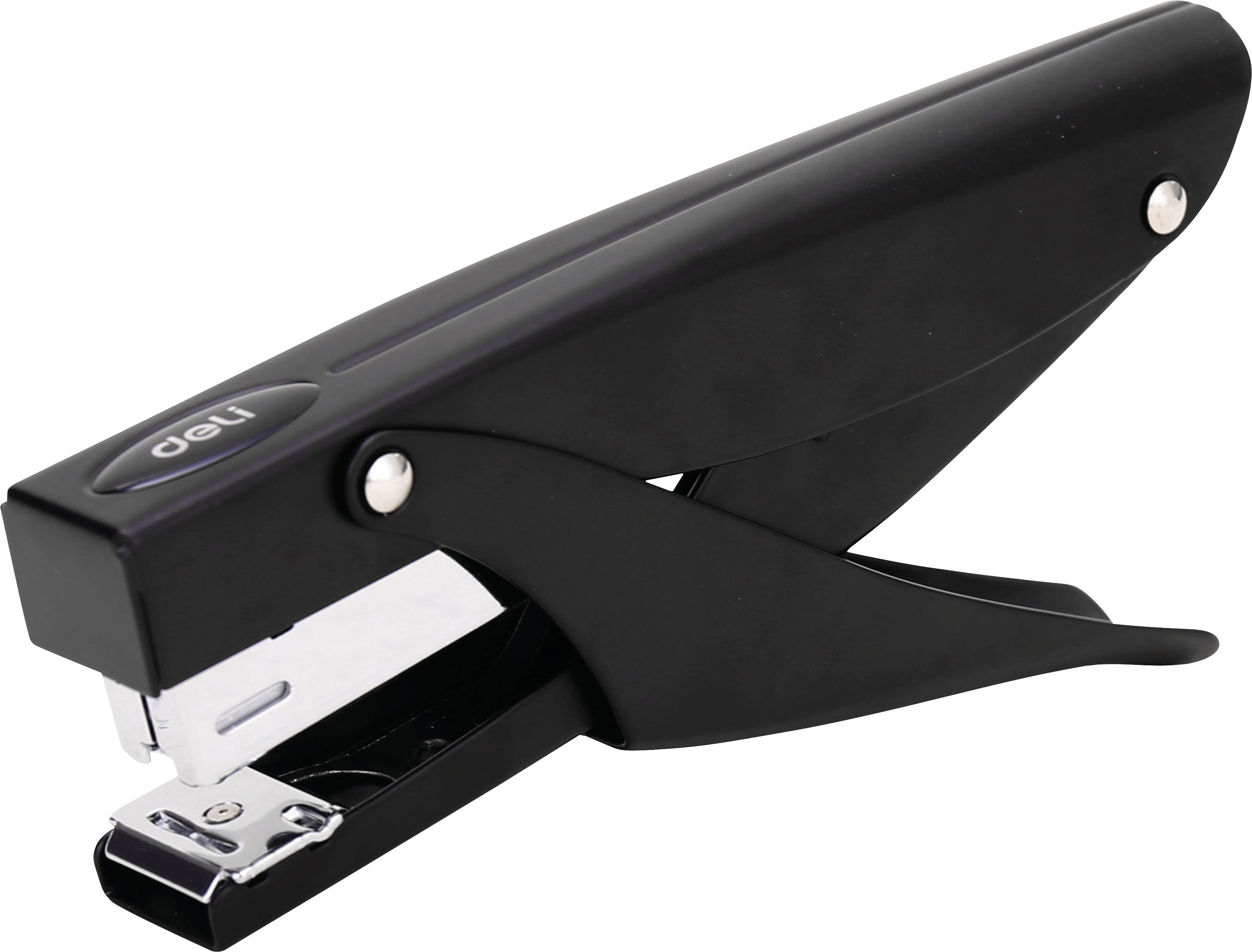 Černá ruční sešívačka se štíhlým ergonomickým designem, zobrazená otevřená na bílém pozadí.