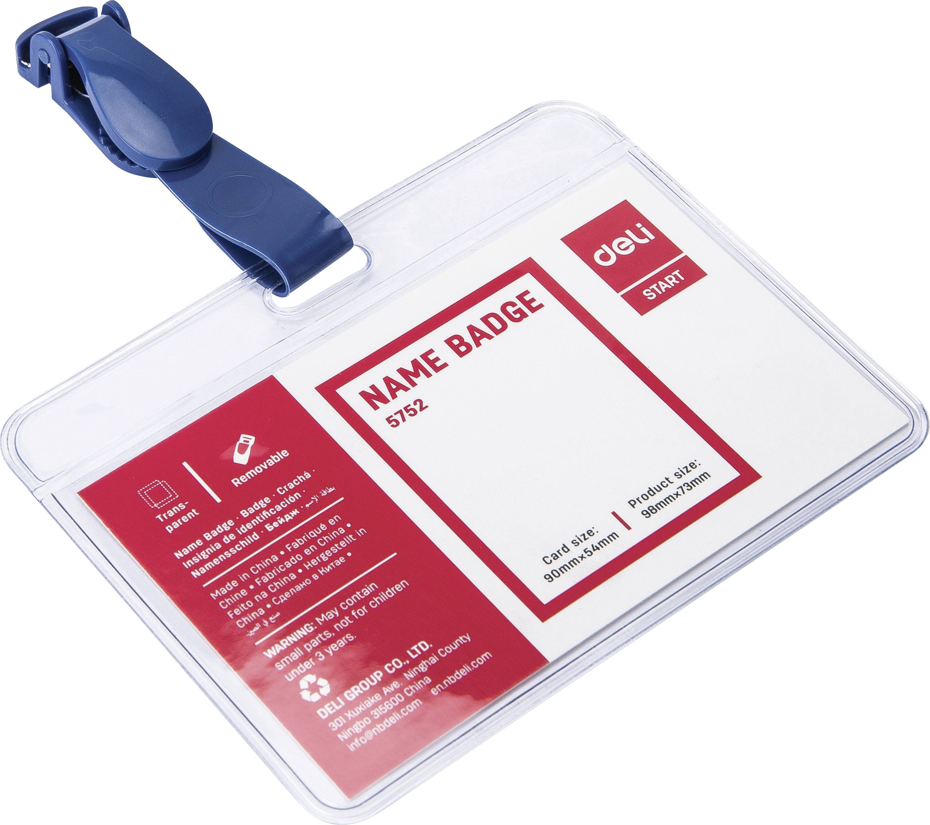 Průhledný plastový držák jmenovky s modrým klipem a červeným vložkem označeným "NAME BADGE" a "deli START".