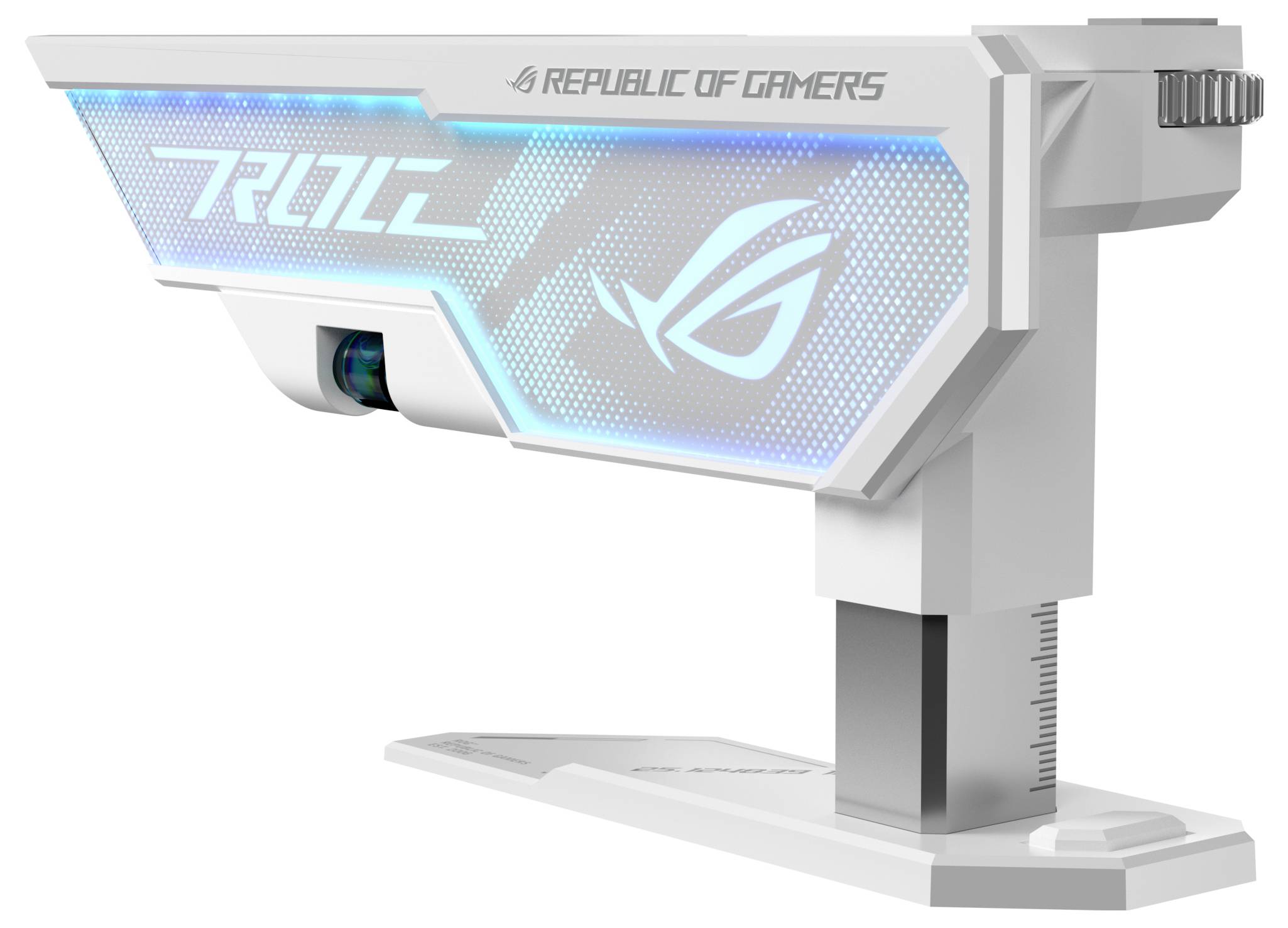Bílý herní router ASUS Republic of Gamers ROG Rapture s modrým osvětleným panelem "ROG" a připevněným stojanem, zobrazený v bočním pohledu na bílém pozadí