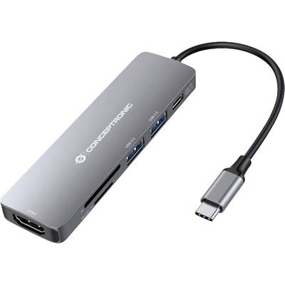 USB-C hub s více porty s HDMI, USB-A, USB-C a sloty pro SD karty, zobrazen s připojeným kabelem.