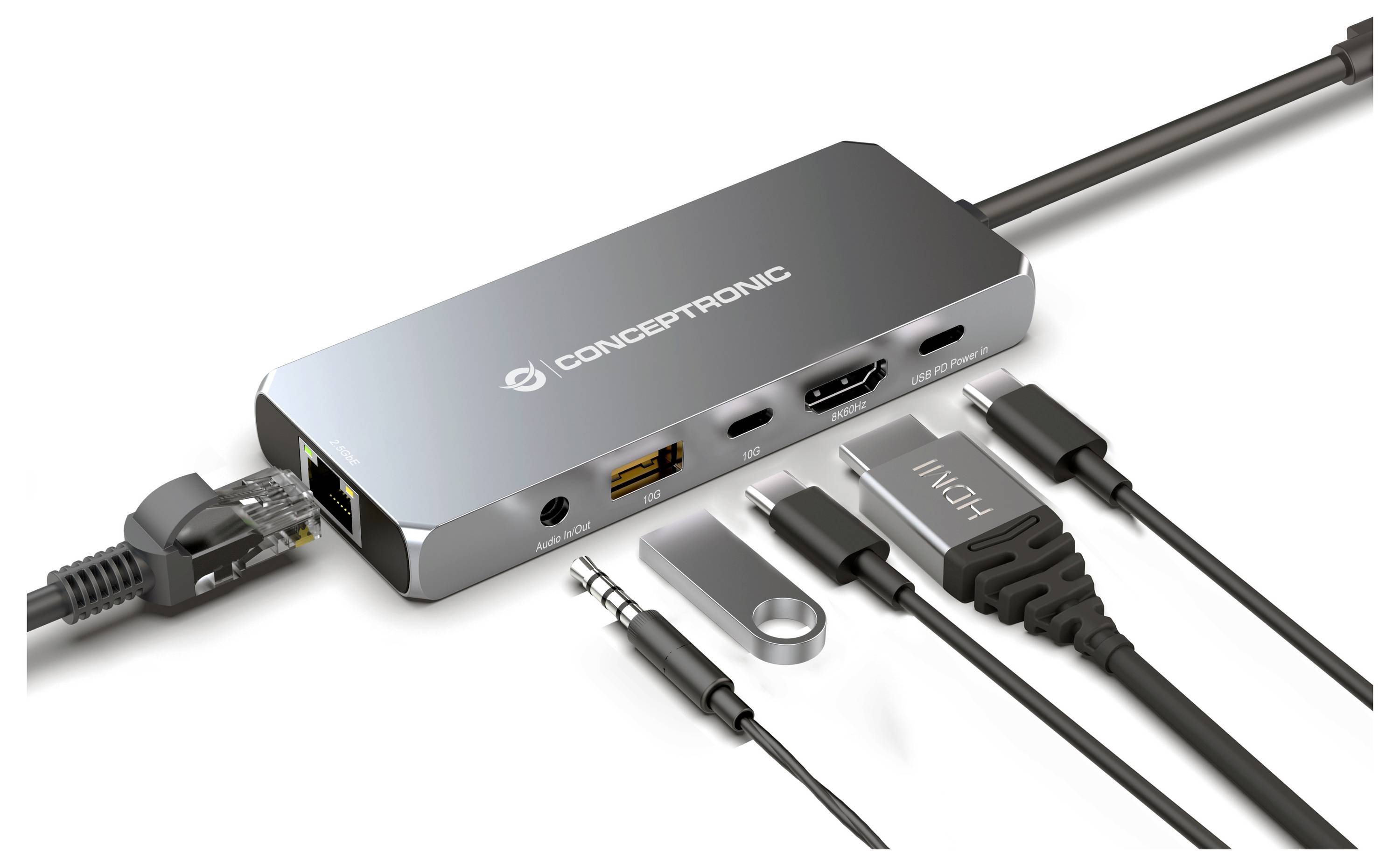 Rozbočovací USB-C hub/dokovací stanice s porty Ethernet, HDMI, USB-A, USB-C, čtečkou SD karet a audio porty, znázorněna s připojenými kabely a adaptérem.