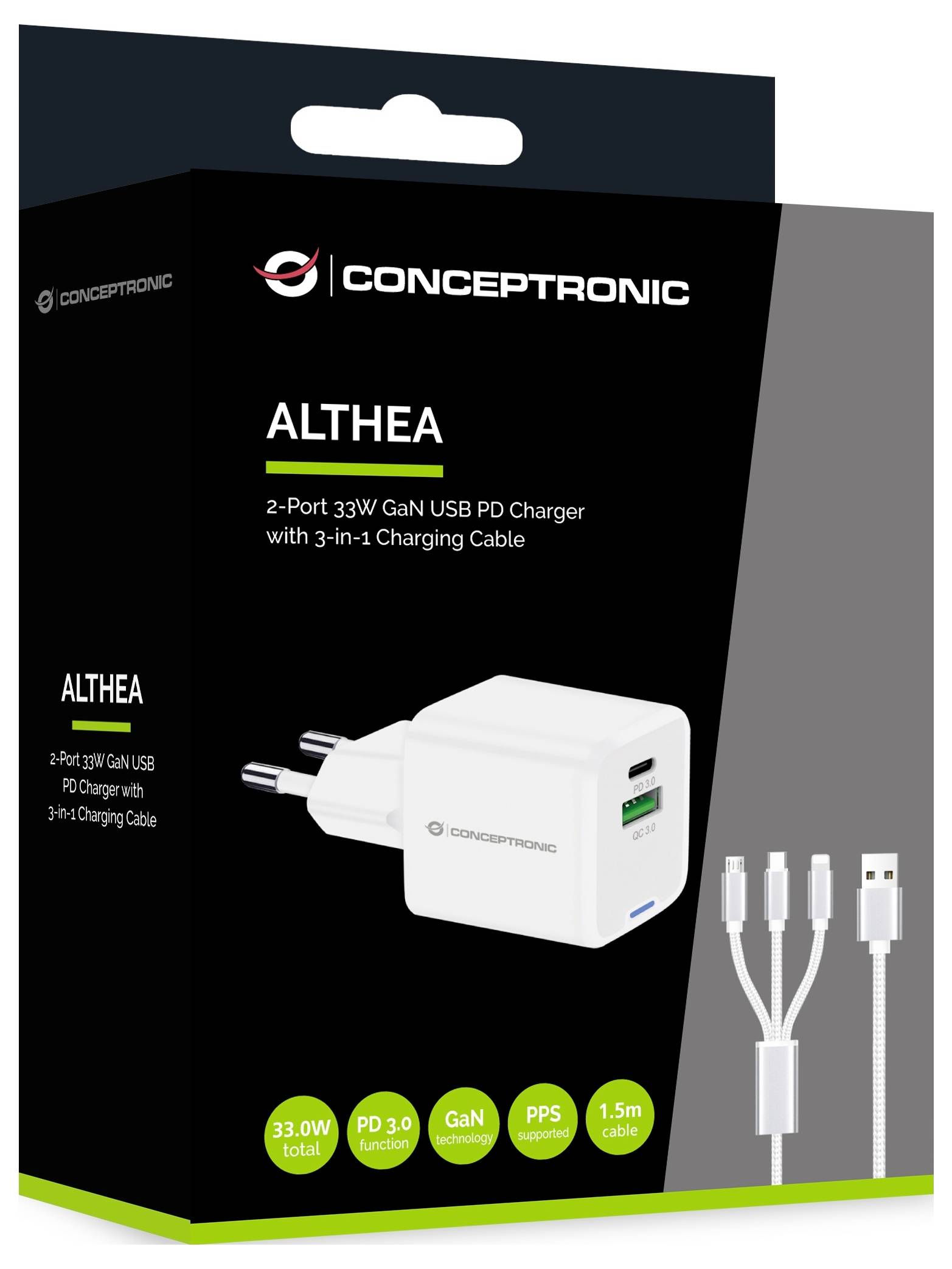 Conceptronic ALTHEA16W 2-Port 33W GaN USB PD Charger USB nabíječka, USB A, USB-C®, 33 W, bílá-3