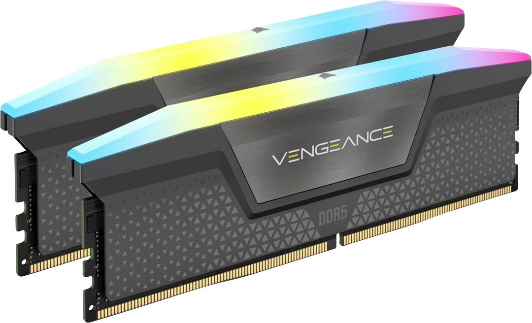 Dva paměťové moduly Vengeance DDR5 pro stolní počítače s černými chladiči a RGB světelnými pruhy, zobrazené na bílém pozadí.