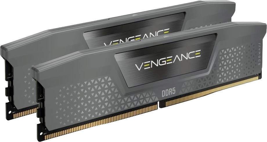 Dva černé Corsair Vengeance DDR5 stolní RAM moduly na bílém pozadí, zobrazeny pod úhlem vedle sebe.