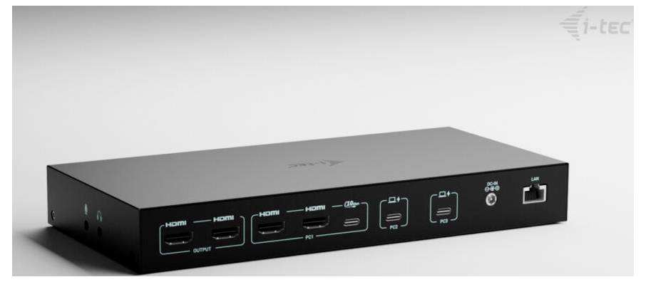 Černý HDMI maticový přepínač zobrazený v úhlu pohledu, s více HDMI vstupními a výstupními porty na předním panelu a portem Ethernet na pravé straně.