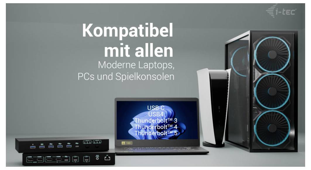 Univerzální USB-C dok kompatibilní s moderními notebooky, počítači a herními konzolemi, prezentován s notebookem, desktopovou věží a konzolí; text zní "Kompatibilní se všemi".