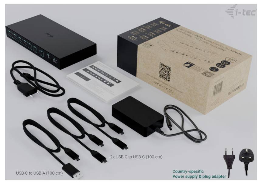 Sada USB-C doku s černým hubem, kartónová krabice, manuál, 2 kabely USB-C na USB-C, kabel USB-C na USB-A a napájecí zdroj specifický pro danou zemi s adaptérem zástrčky.