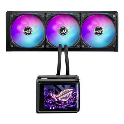 Trojité RGB ventilátory na radiátoru kapalinového chladiče procesoru se dvěma trubicemi vedoucími k osvětlenému blocu čerpadla ASUS ROG.