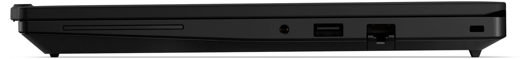 Boční pohled na zavřený černý notebook se zobrazenou přední hranou s otvory pro audio jack, USB port a port podobný Ethernetu.