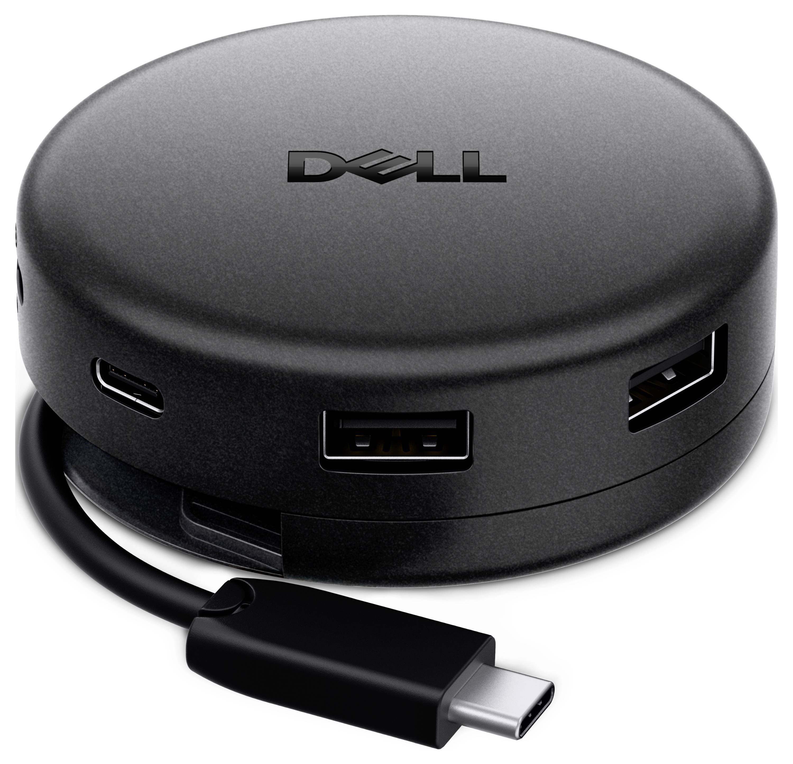 Kulatý černý USB-C hub od Dell s více porty a připojeným kabelem USB-C na bílém pozadí.