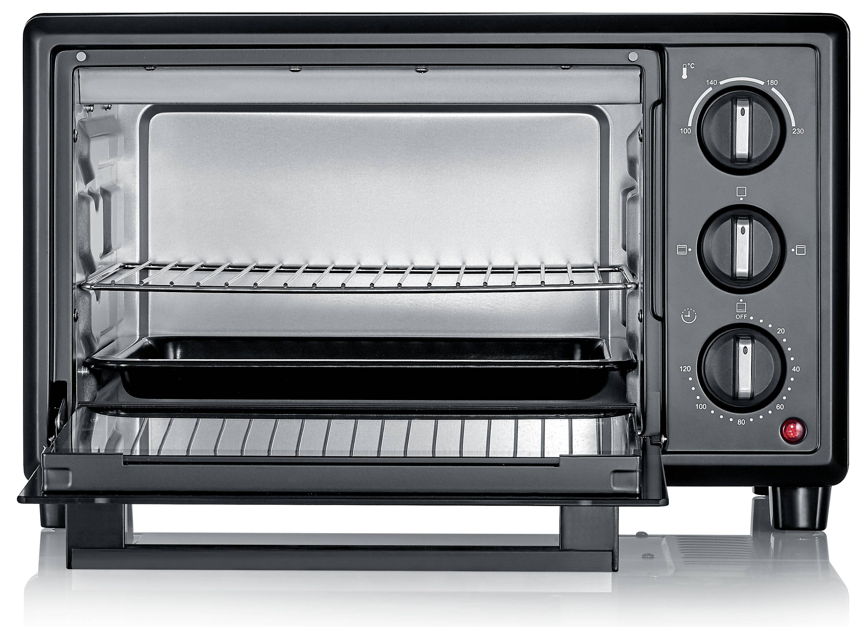 Otevřená černá pracovní deska s toaster troubou se skleněnými dveřmi, dvěma drátěnými mřížkami, třemi ovládacími knoflíky a červeným indikačním světlem.