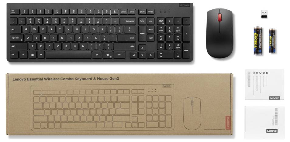 Bezdrátová sada klávesnice a myši Lenovo zobrazená s balením, plnohodnotná černá klávesnice, černá myš, USB přijímač a baterie.