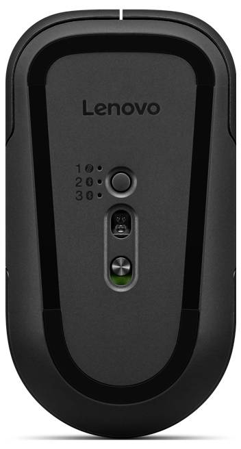Černá bezdrátová myš Lenovo zobrazená zezadu, s viditelnými ovládacími prvky vypínače napájení a indikátorem párování/kanálu.