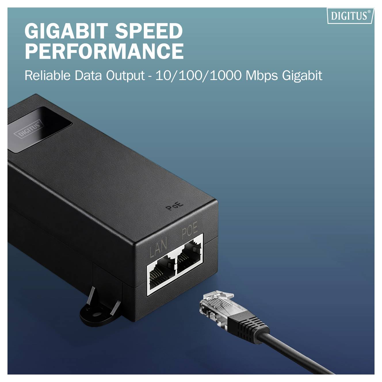 Propagační obrázek zařízení DIGITUS PoE s portem Ethernet a kabelem, označený "VÝKON GIGABITOVÉ RYCHLOSTI" a "Spolehlivý datový výstup - 10/100/1000 Mbps Gigabit".