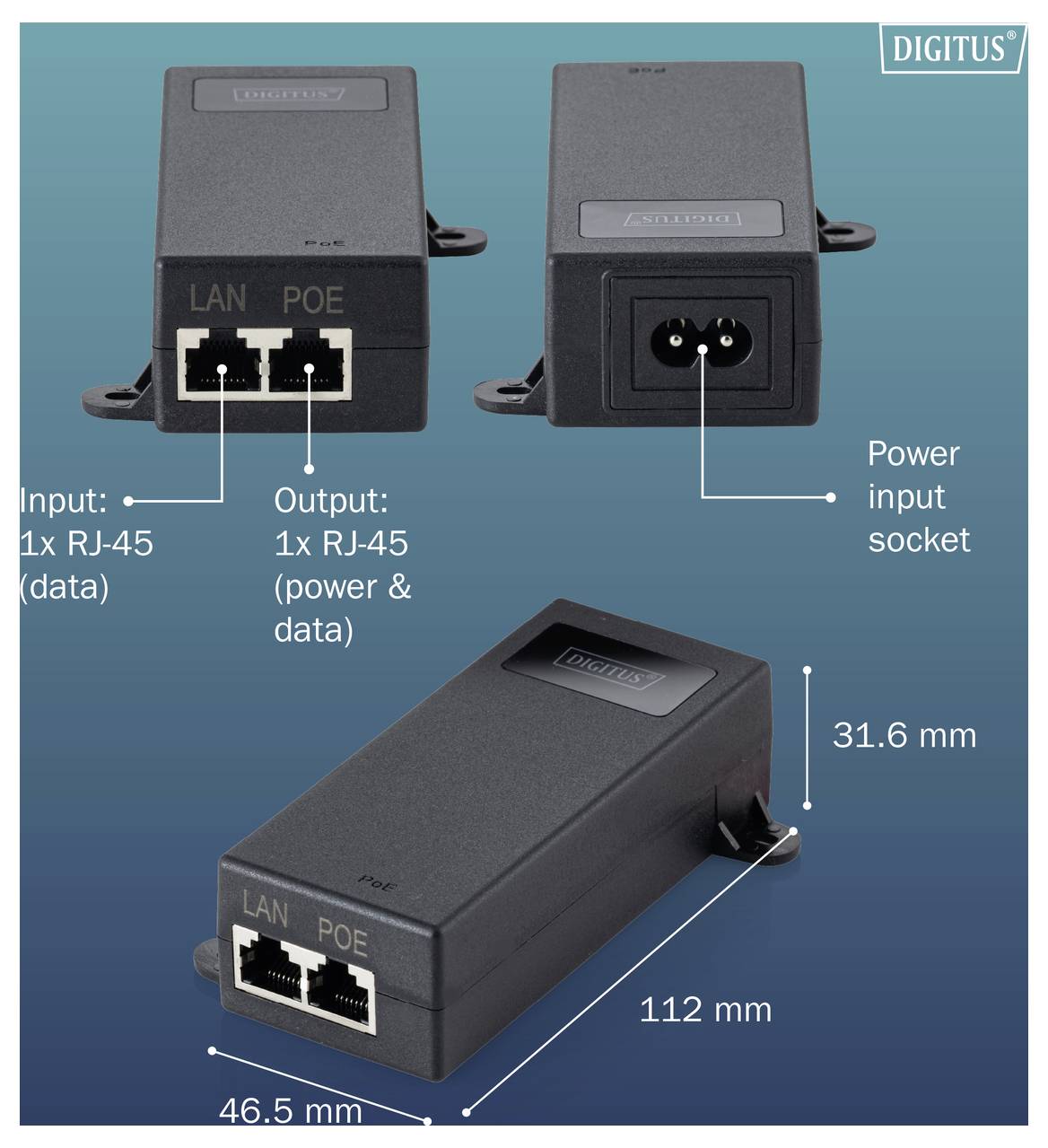 Diagram soupravy DIGITUS PoE splitter s 1 RJ-45 datovým vstupem, 1 RJ-45 výstupem pro napájení/data, zásuvkou pro napájení a rozměry 112 mm, 46,5 mm, 31,6 mm.