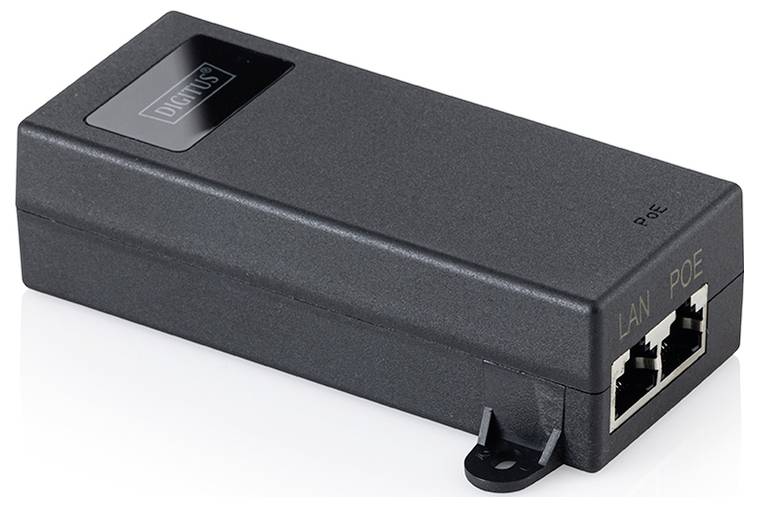 Černý injektor Power over Ethernet Digtus se dvěma porty Ethernet označenými LAN a PoE.