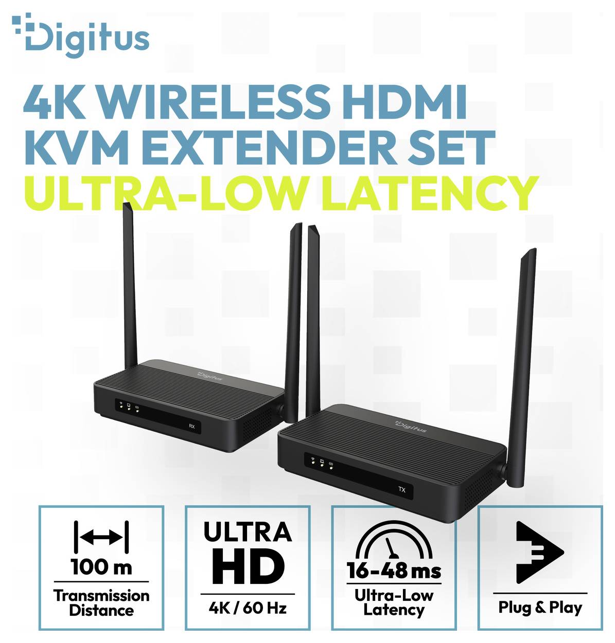 Sada bezdrátového HDMI KVM zesilovače Digitus 4K s ultra nízkou latencí; dvě černé jednotky vybavené anténami a ikony ukazující dosah 100 m, Ultra HD 4K/60 Hz, latence 16–48 ms, plug and play.