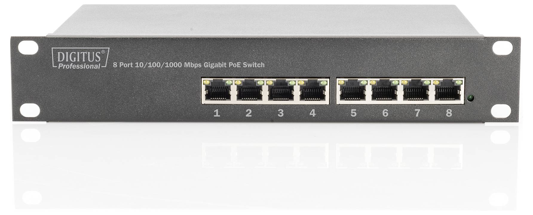 Přední pohled na profesionální 8portový gigabitový PoE switch DIGITUS s osmi očíslovanými ethernetovými porty a stavovým LED diodám na čelním panelu určeném pro montáž do racku.