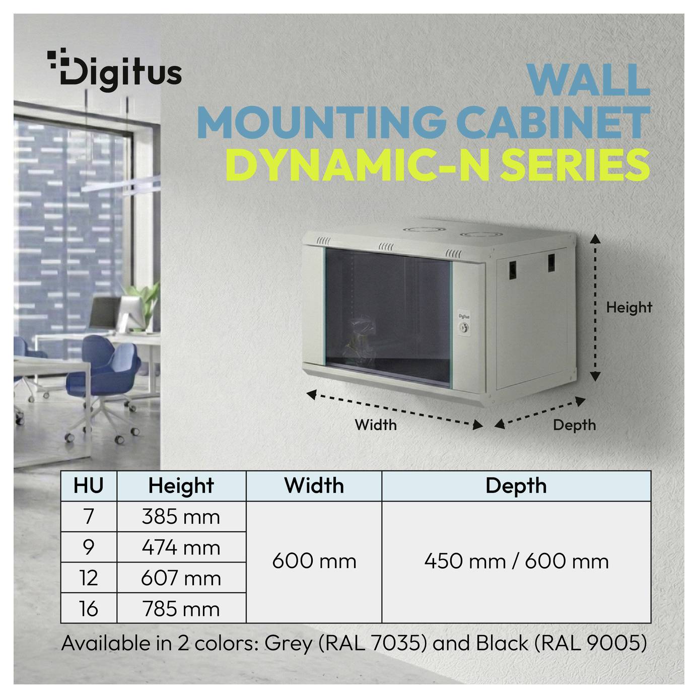 Digitus „Skříň pro nástěnnou montáž Dynamic-N Series" s obrázkem nástěnné skříně a rozměry; tabulka uvádí výšky 7, 9, 12, 16 HU a šířku 600 mm, hloubku 450/600 mm.