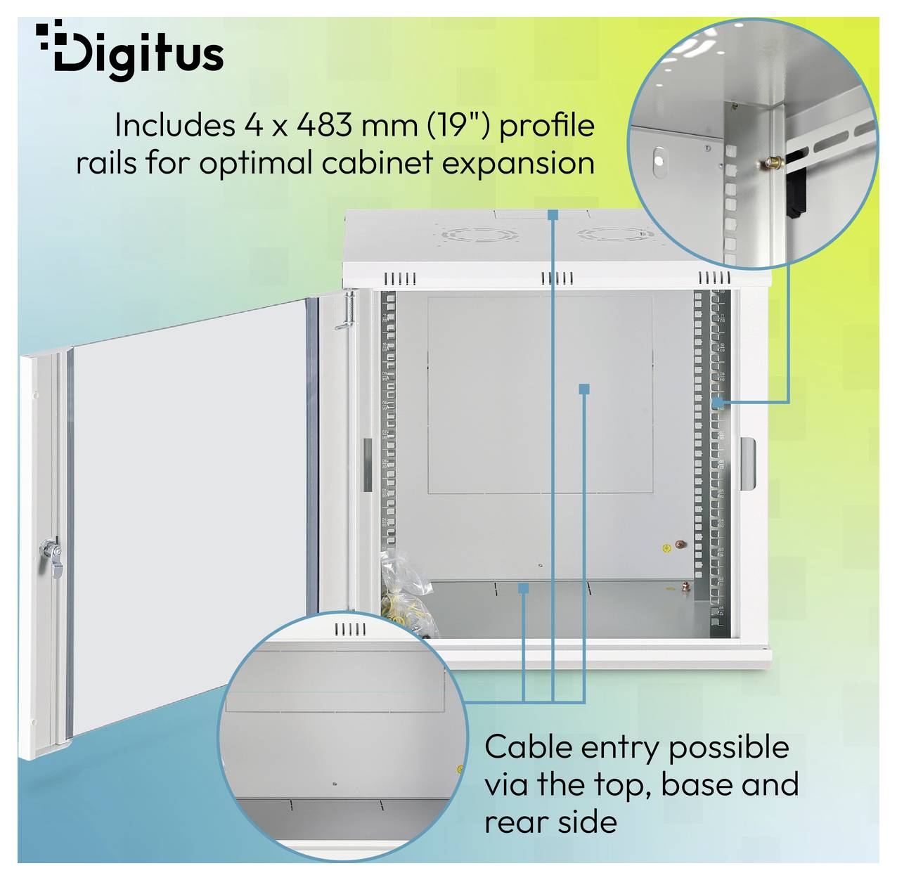 Skříň Digitus se 4 x 483 mm (19palcovými) profilovými lištami; vedení kabelů přes horní část, dno a zadní stranu, zobrazeno se zvětšenými detaily.