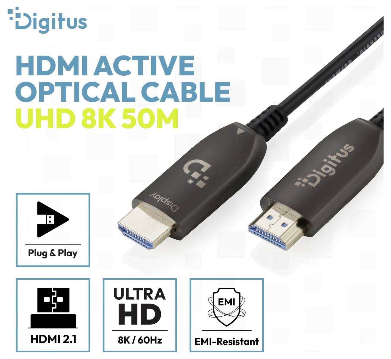 Digitus HDMI aktivní optický kabel, UHD 8K 50m, zobrazený s konektory HDMI a odznaky pro Plug & Play, HDMI 2.1, Ultra HD 8K/60Hz a odolnost vůči EMI.