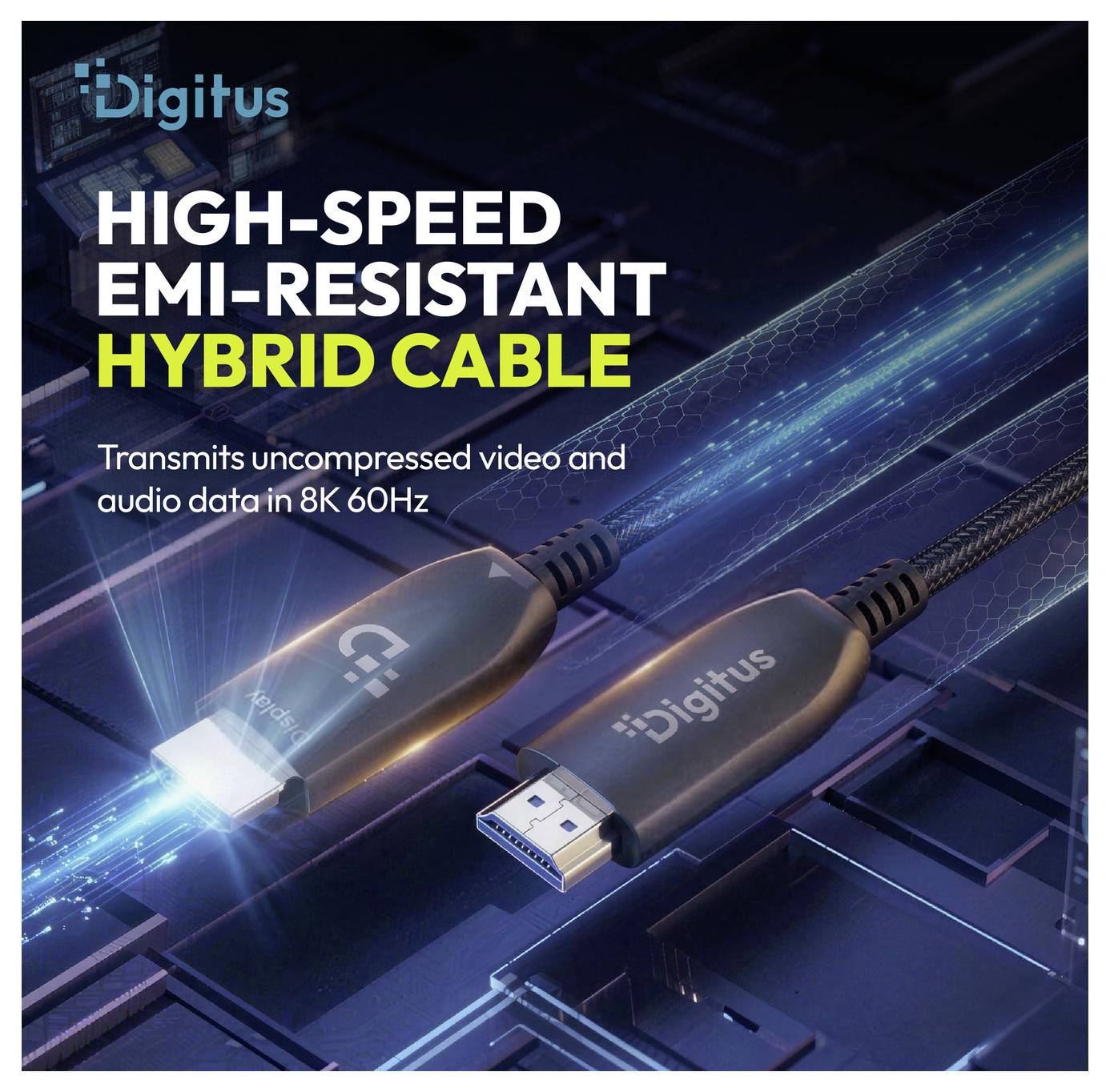 Digitus vysokorychlostní hybridní kabel odolný vůči EMI, zobrazený s konektory HDMI a USB-C, přenáší nekomprimované video a audio data v rozlišení 8K 60Hz.