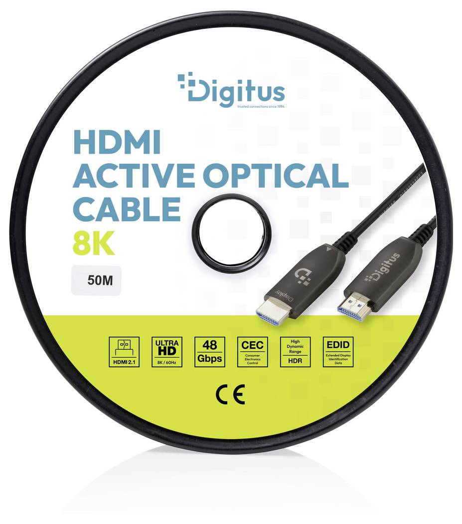 Balení produktu pro aktivní optický kabel HDMI Digitus, označený 8K a 50 m, s konektory HDMI a ve stylu USB plus ikony funkcí.