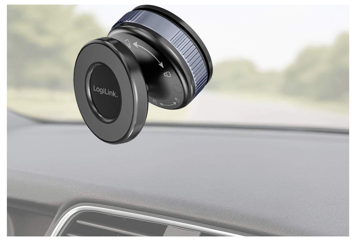LogiLink magnetický držák telefonu do auta připevněný k palubní desce, zobrazený v interiéru automobilu s rozmazaným pozadím čelního skla.
