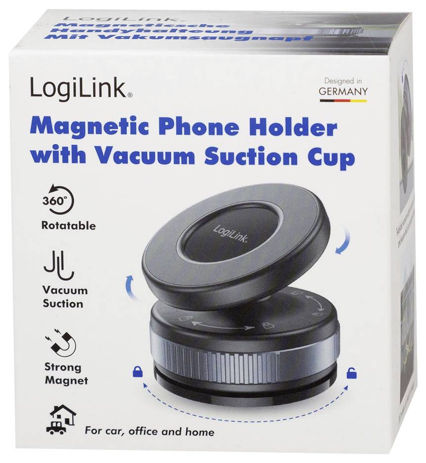 Magnetický držák na telefon LogiLink s vakuovým přísavným podstavcem, 360° otočný silný magnet pro auto, kancelář a domácnost.