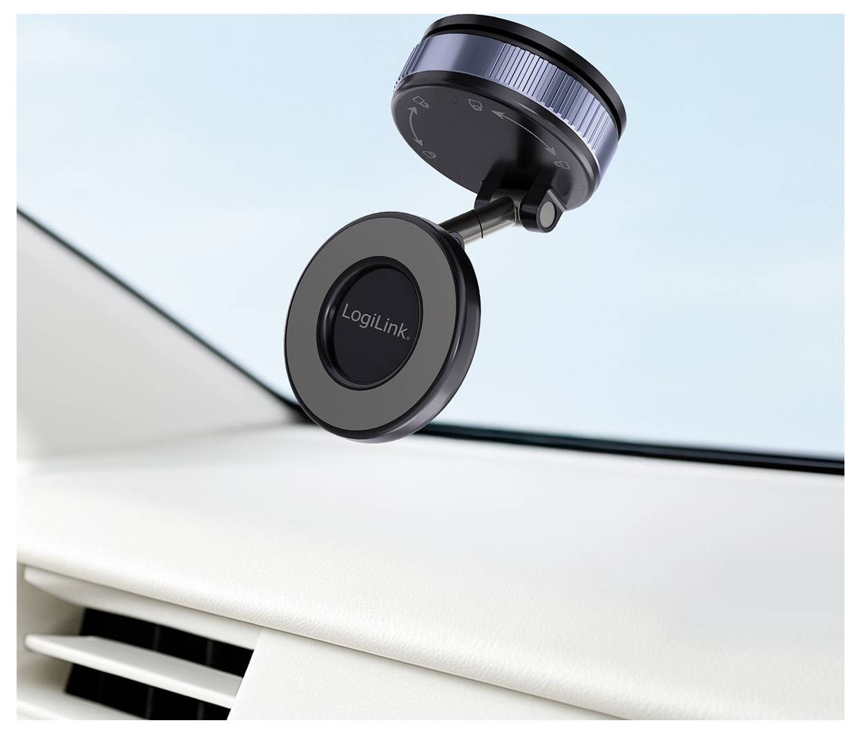Držák telefonu na sklenice automobilu s kulatou magnetickou montáží s označením "LogiLink" připevněný poblíž palubní desky.