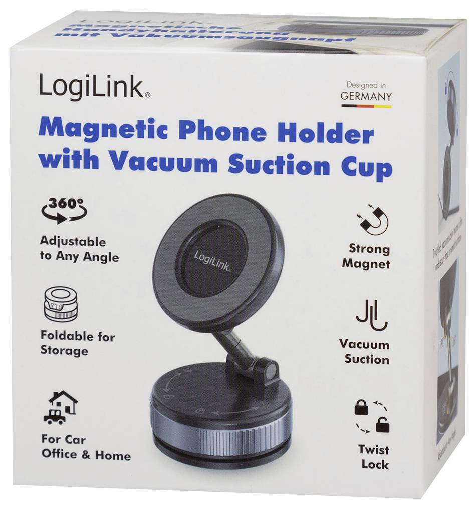 Magnetický držák telefonu LogiLink s vakuovým přísavným poharem, zobrazený na krabici produktu s možností 360° nastavení, silným magnetem, zámkem na otáčení, skládací pro uskladnění, určený pro auto, kancelář a domácnost.