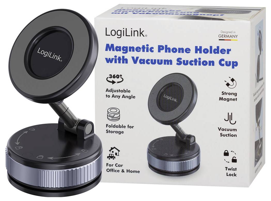 Magnetický držák na telefon LogiLink s vakuovým přísavným hrncem, 360° nastavitelný a skládací pro auto, kancelář nebo domácnost; zobrazena krabice produktu.