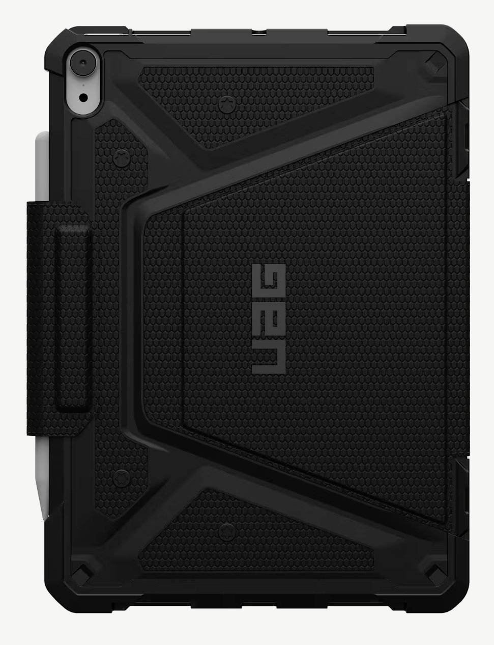 Odolné černé pouzdro na tablet s rukojetí a výřezem pro fotoaparát, zobrazeno zezadu s logem "UAG" uprostřed.