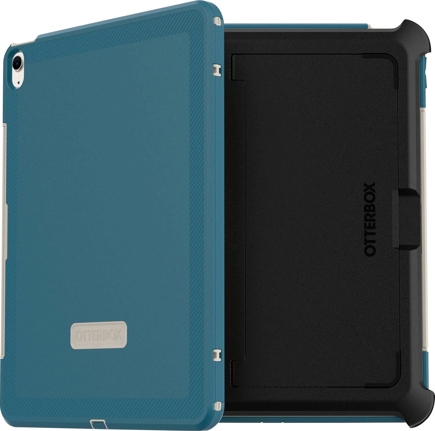 Pouzdro na tablet OtterBox v barvě tealové a černé zobrazené zavřené s robustním ochranným zadním krytem a předním klapem.