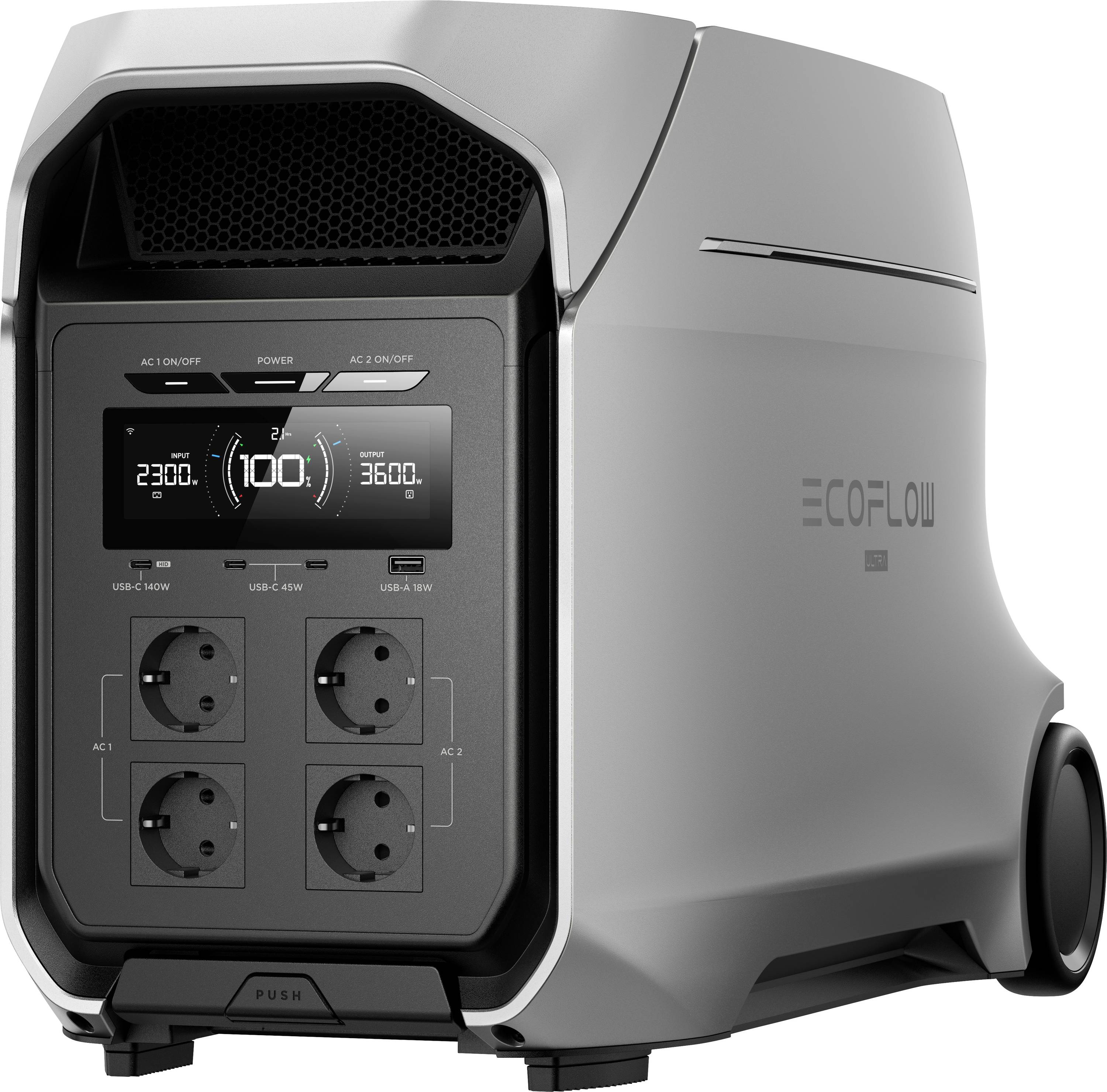 Přenosná elektrárna EcoFlow s displejem zobrazujícím stav baterie a AC/USB zásuvkami, přední a boční pohled na kolečkách.