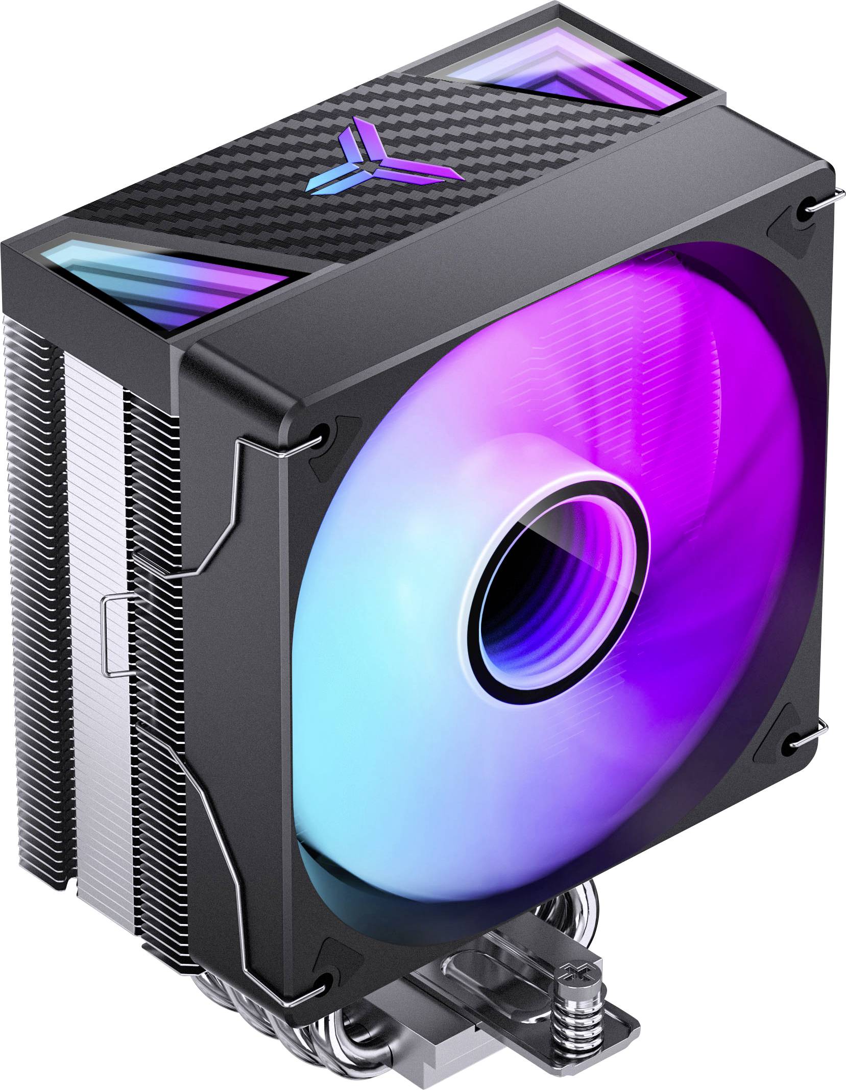 Černý chladič CPU se žebry chladiče a zářícím RGB ventilátorem, zobrazený na bílém pozadí.