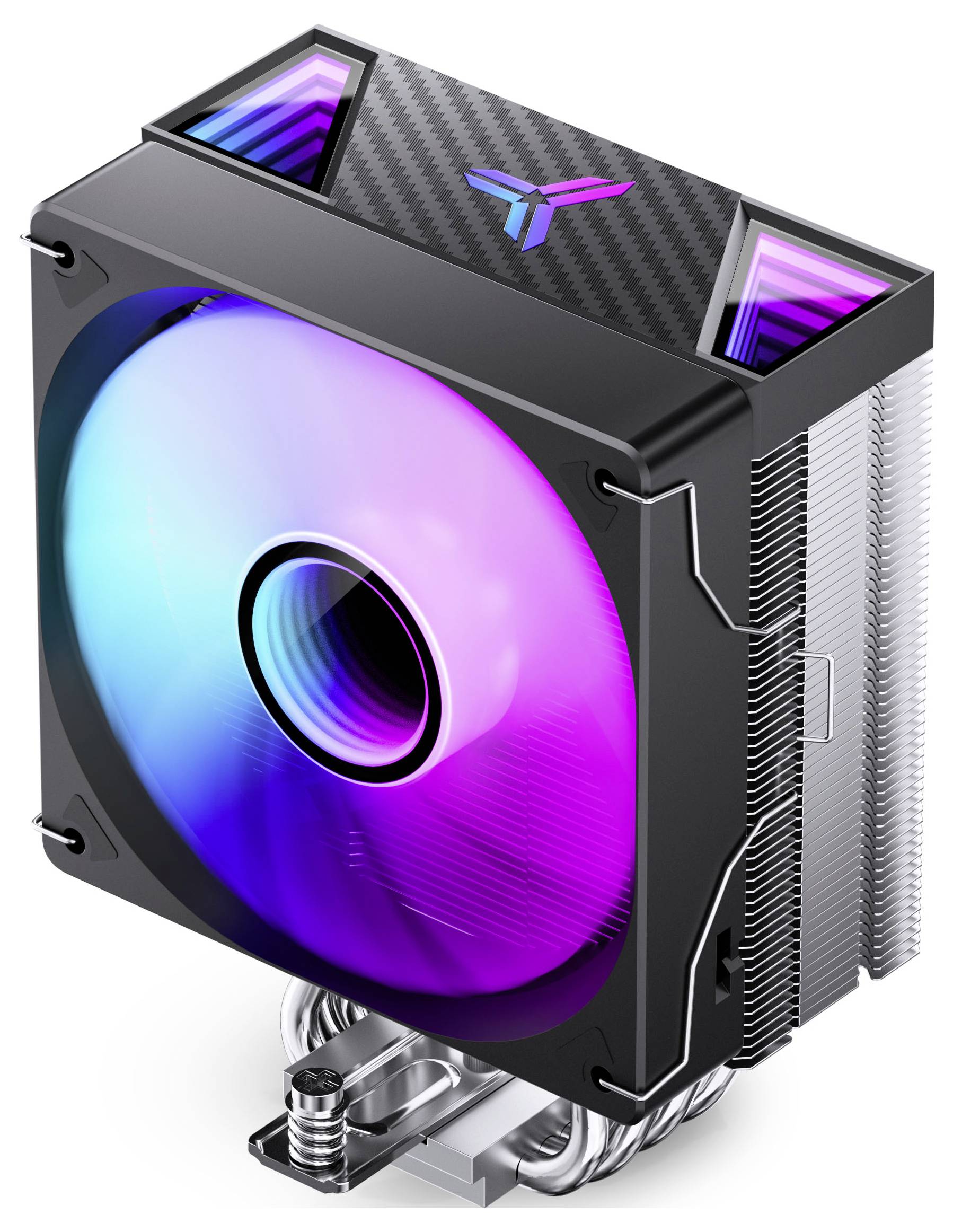 RGB chladič procesoru se vzduchovým chlazením s velkým osvětleným ventilátorem, černým chladičem a tepelnými trubicemi, zobrazeným na bílém pozadí.
